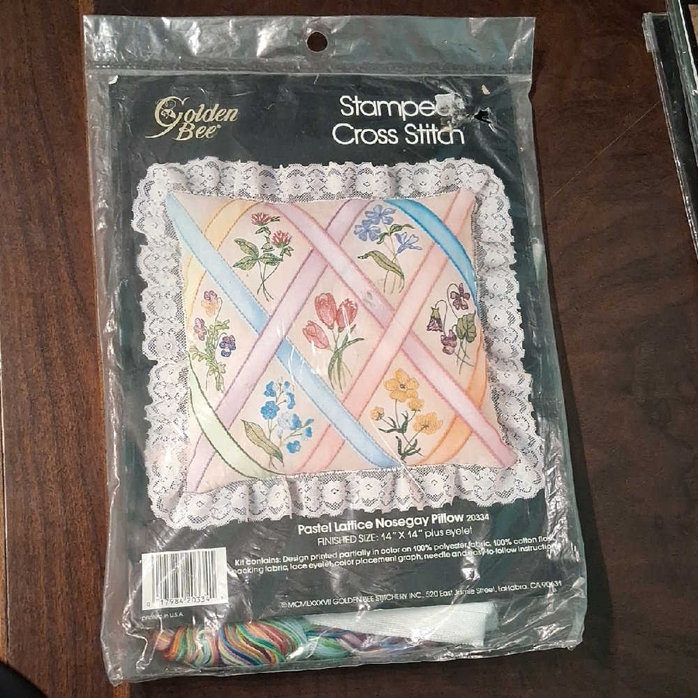 Golden Bee Stamped Cross Stitch Kit - Pastel Lattice Nosegay Pillow